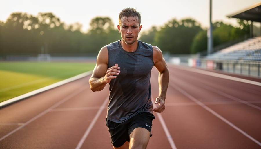 Runner jogging lightly on a park path as a warm-up before stretching