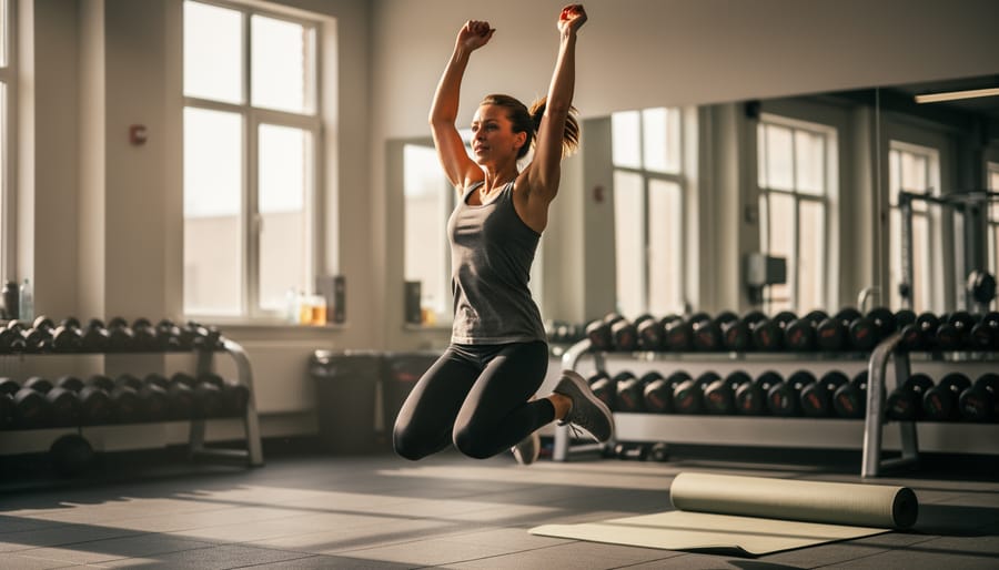 Adult performing a light warm-up exercise in a fitness studio while preparing for stretching.