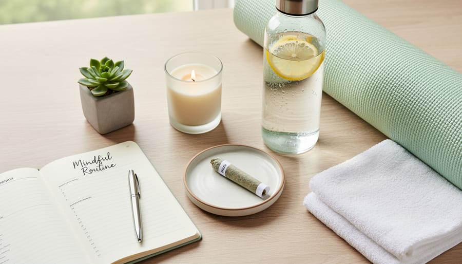 A wooden pre-roll tray next to a glass of water and a rolled yoga mat in a bright, minimal wellness space.