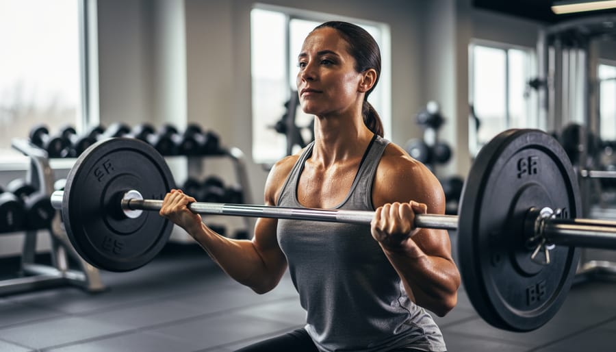 Athletic person tying lifting straps on a gym bench with weights in the background
