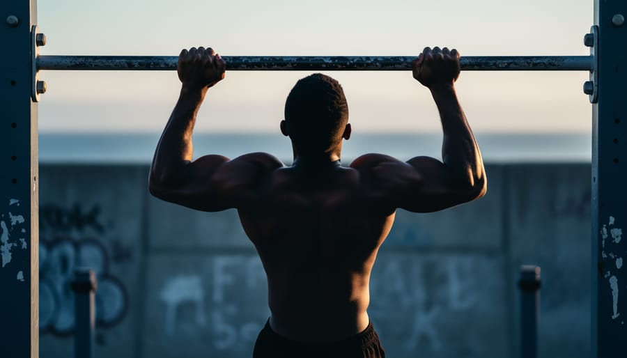 Low-angle photo of a muscular silhouette performing a pull-up on a street workout bar with a blurred urban background, suggesting resilience and mental health awareness.