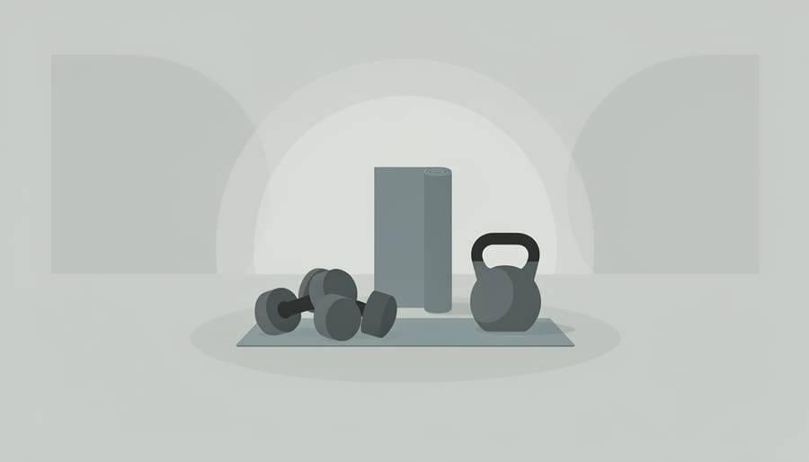 Dumbbell on the gym floor beside an open water bottle and folded hoodie in soft daylight