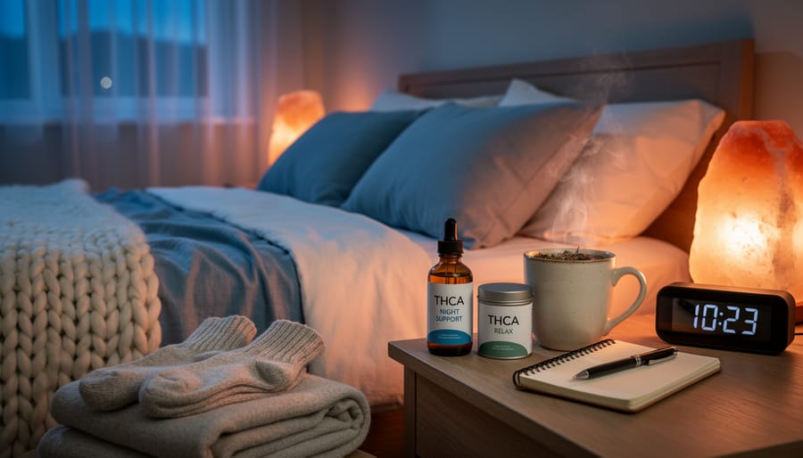 Nightstand with warm herbal tea, a closed book, and a small pre-roll on linen cloth under soft warm lamp light.