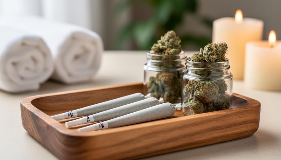 THCA pre-rolls on a wooden rolling tray with small jars of dried cannabis flower in a warm, wellness-inspired setting.