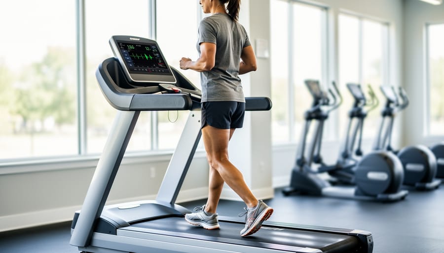 Woman over 40 doing low-impact cardio on a treadmill in a bright indoor gym.
