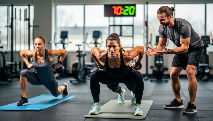 Woman over 40 performing modified HIIT using a step box and light dumbbells.