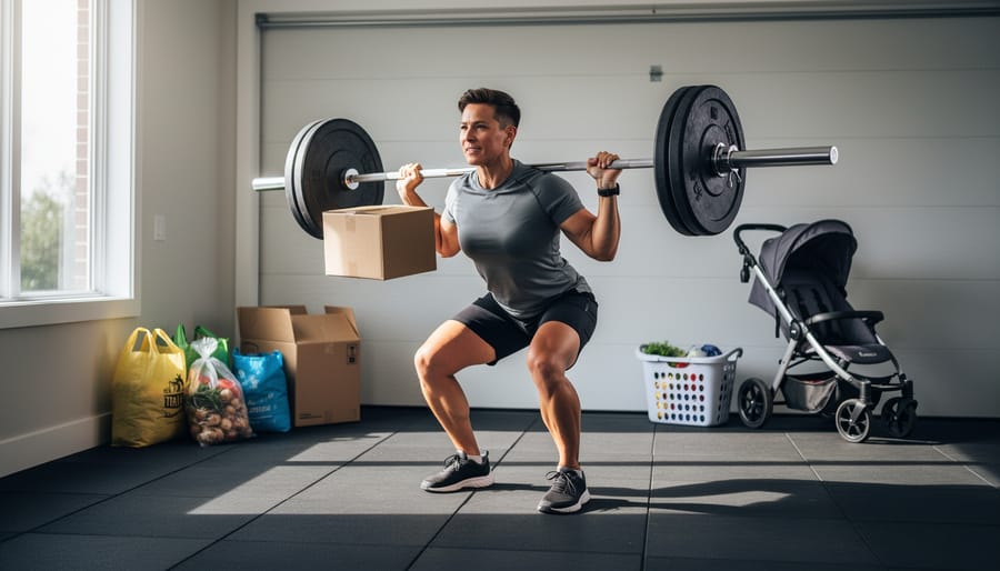 Woman over 40 practicing safe functional lifting of a weighted box outdoors.