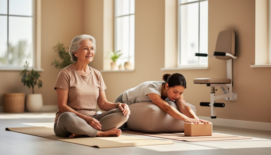 Two people, including a senior, practicing gentle yoga on mats with a yoga block and chair support in a bright room.