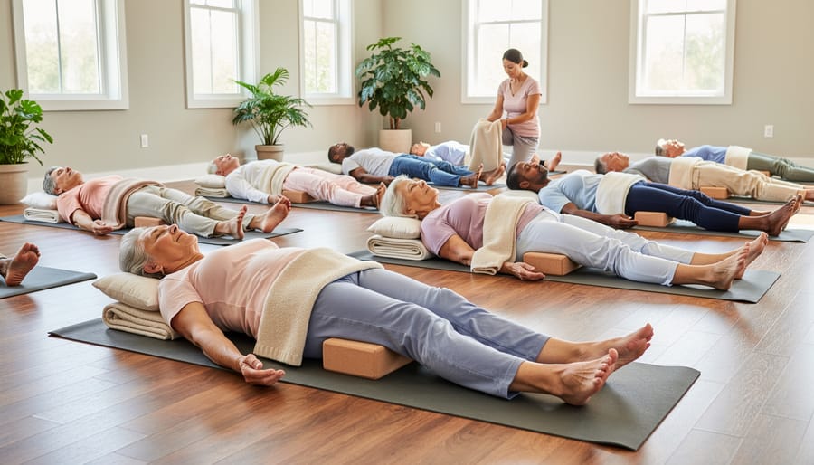 Senior relaxing in Savasana on a yoga mat with a rolled blanket under the knees