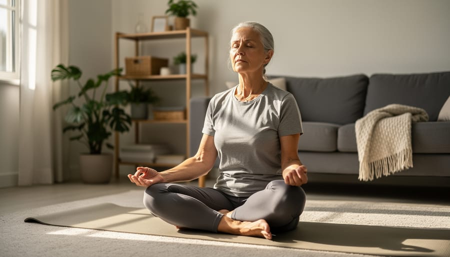 Older adult seated on a yoga mat doing gentle breathing with hands on their belly