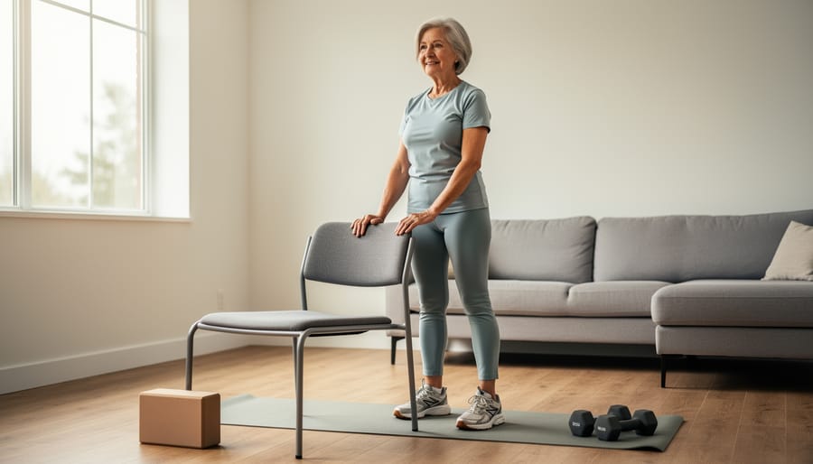 Senior practicing a supported standing yoga pose with a chair and yoga block