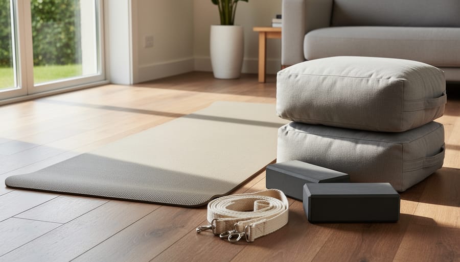Yoga props including a bolster and strap arranged neatly beside a yoga mat