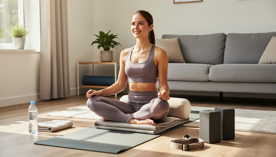 Beginner practicing Child’s Pose on a yoga mat with a folded blanket for support in a bright room.