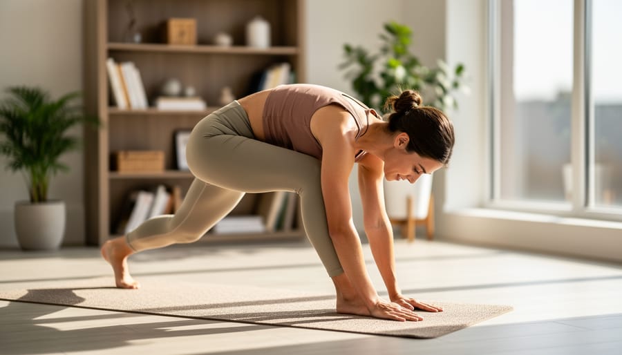 Person practicing a gentle beginner yoga stretch on a yoga mat in a bright, sunlit room.