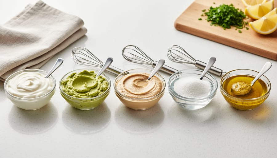 Assorted mayo-free binder ingredients like Greek yogurt, avocado, tahini, and silken tofu in small bowls.