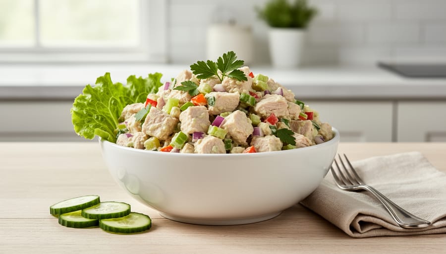 A wooden bowl of creamy chicken salad without mayo with diced celery, red onion, and herbs.