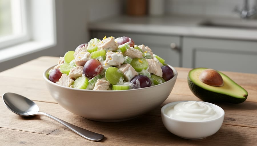 Close-up of a bowl of mayo-free chicken salad with chicken, celery, grapes, and a creamy yogurt coating, with Greek yogurt and an avocado nearby on a wooden table.