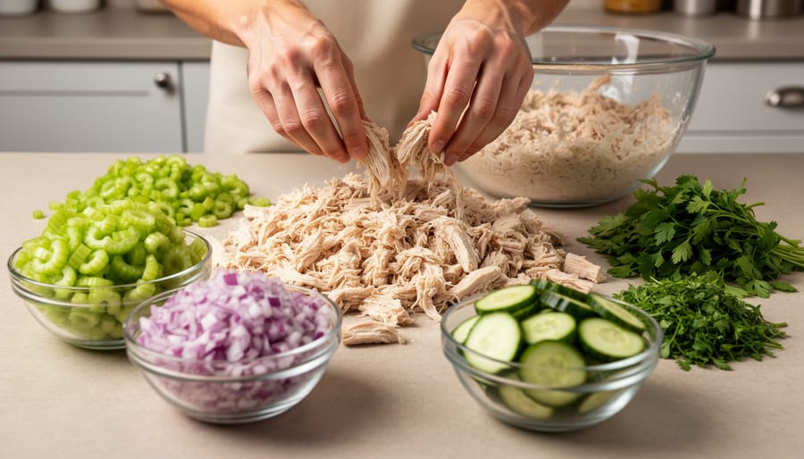 Hands shredding cooked chicken on a cutting board with diced celery and red onion nearby.